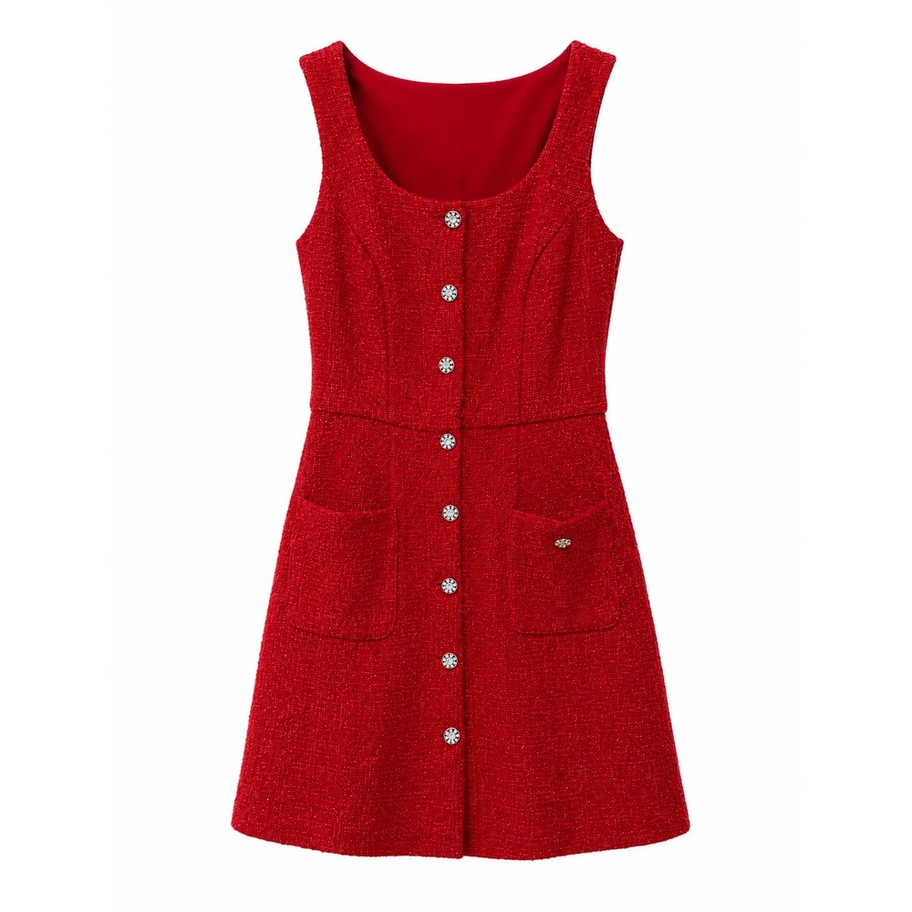 Taylor Red Tweed Button Front Sleeveless Shift Dress Rhinestone Buttons 4186MMX